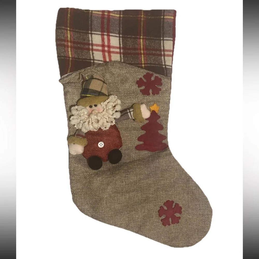 Christmas Snowman, Reindeer, & Santa Tan/Red/Black/Green Plaid Stocking Bundle